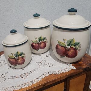 3 Pc Canister Set Casuals By China Pearl Vintage Stoneware  w s Apple Design
